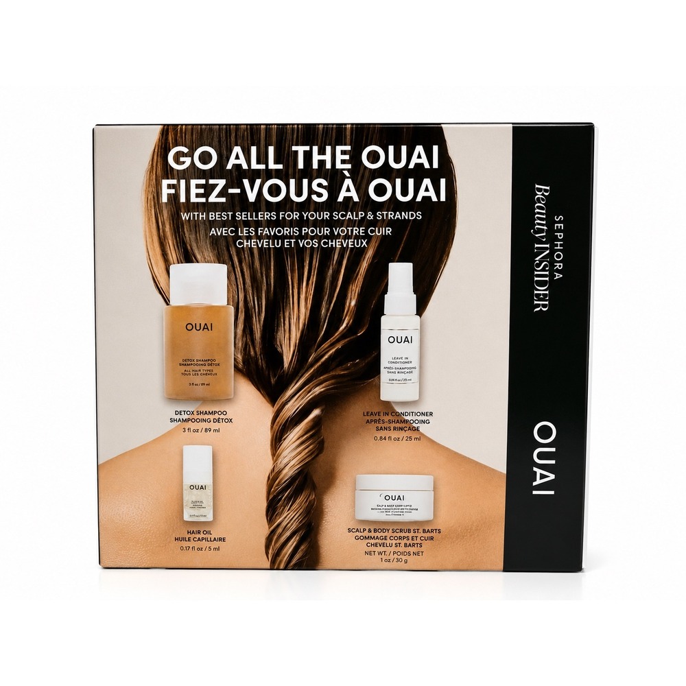 OUAI Go All The Ouai Travel Set Shampoo Conditioner Hair Oil St Barts Scrub New